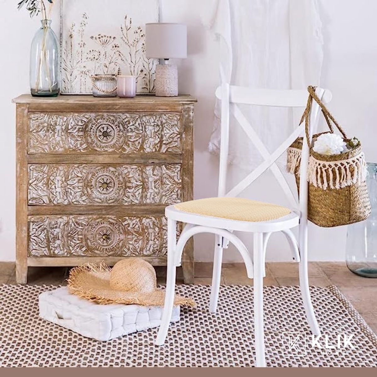 KLIK - Pack 4 Sillas Crossback para Comedor Madera Rattan Blancas