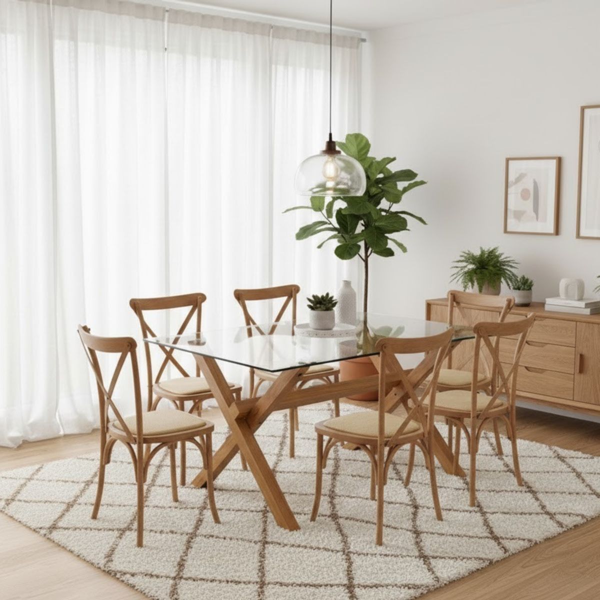 CORI CORI - Juego de Comedor Medlock Vidrio 140x90 + 6 Sillas Crossback Madera