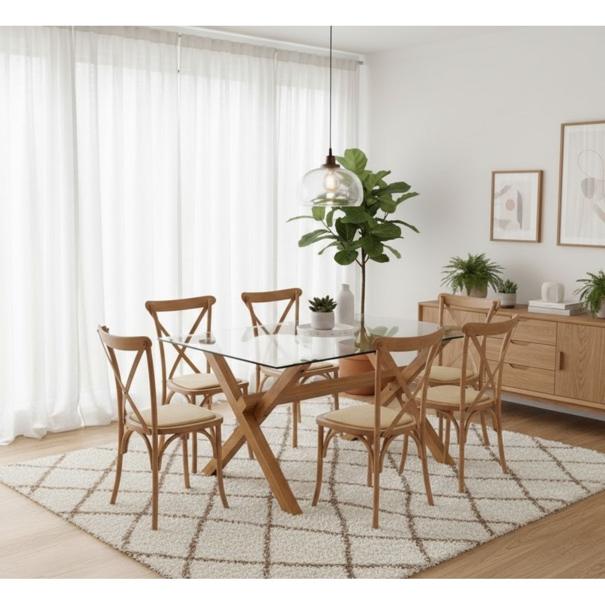 CORI CORI - Juego de Comedor Medlock Vidrio 140x90 + 6 Sillas Crossback Madera