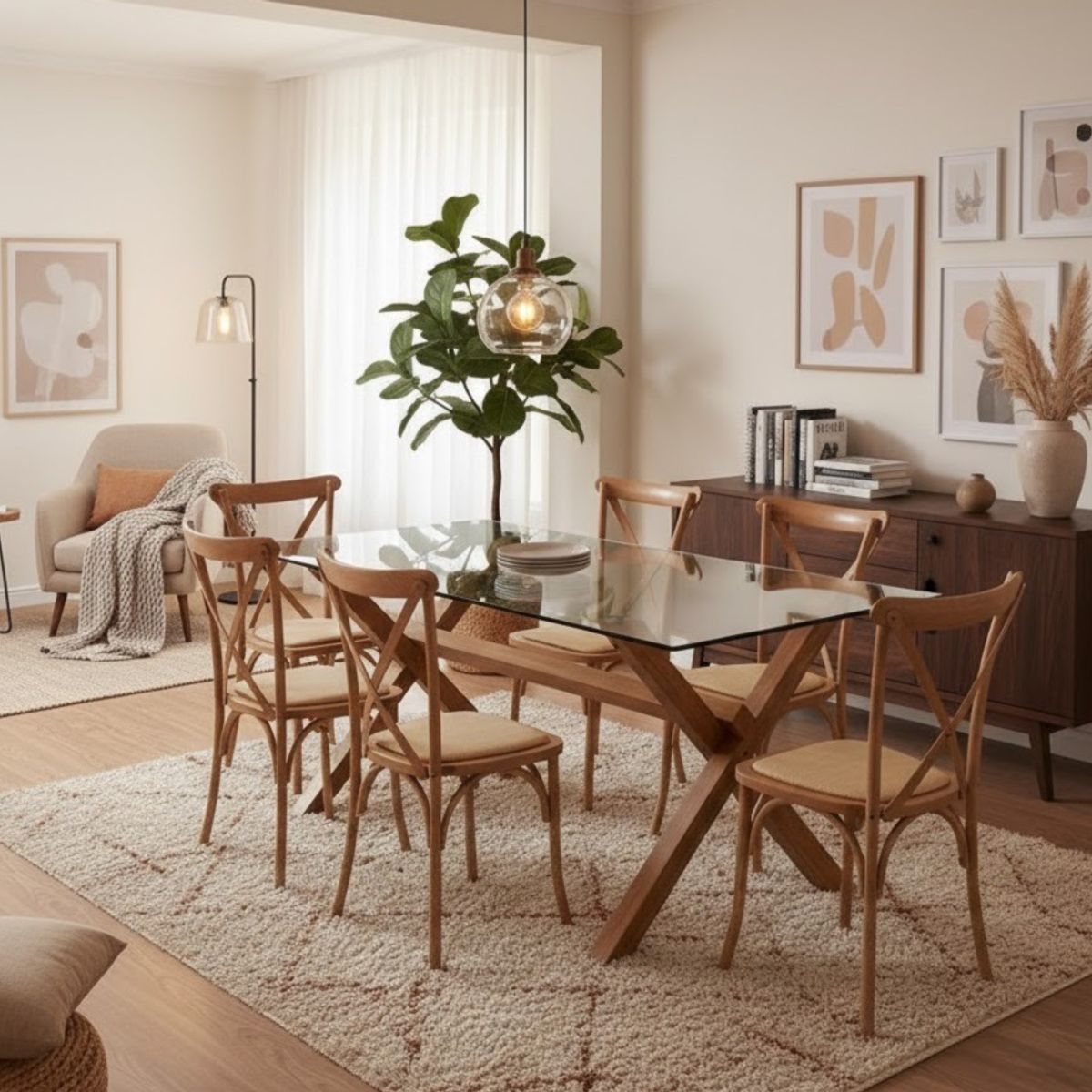 CORI CORI - Juego de Comedor Medlock Vidrio 140x90 + 6 Sillas Crossback Madera