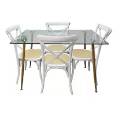CORI CORI - Juego de Comedor Vidrio 120x80 + 4 Sillas Crossback blanco