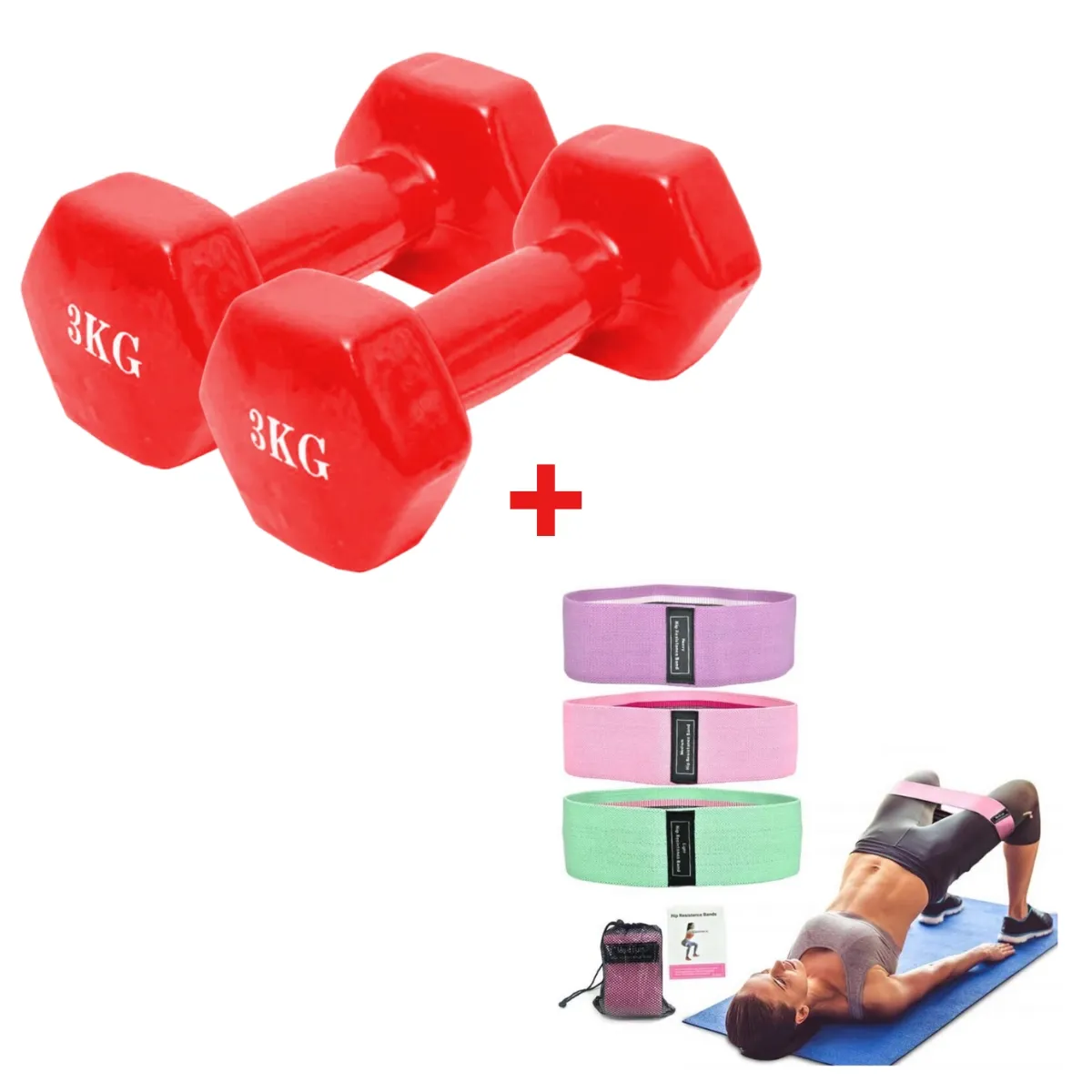 GENERICO - Pack 3 Bandas  Elasticas + Pesas Mancuernas de 3 Kilos x2