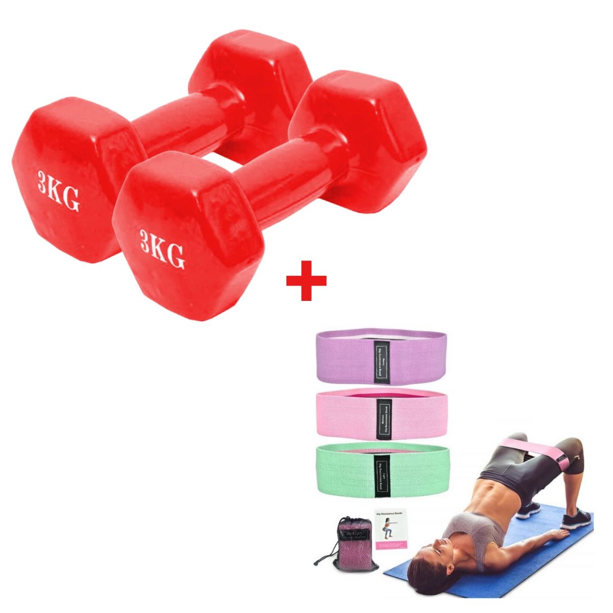 GENERICO - Pack 3 Bandas  Elasticas + Pesas Mancuernas de 3 Kilos x2