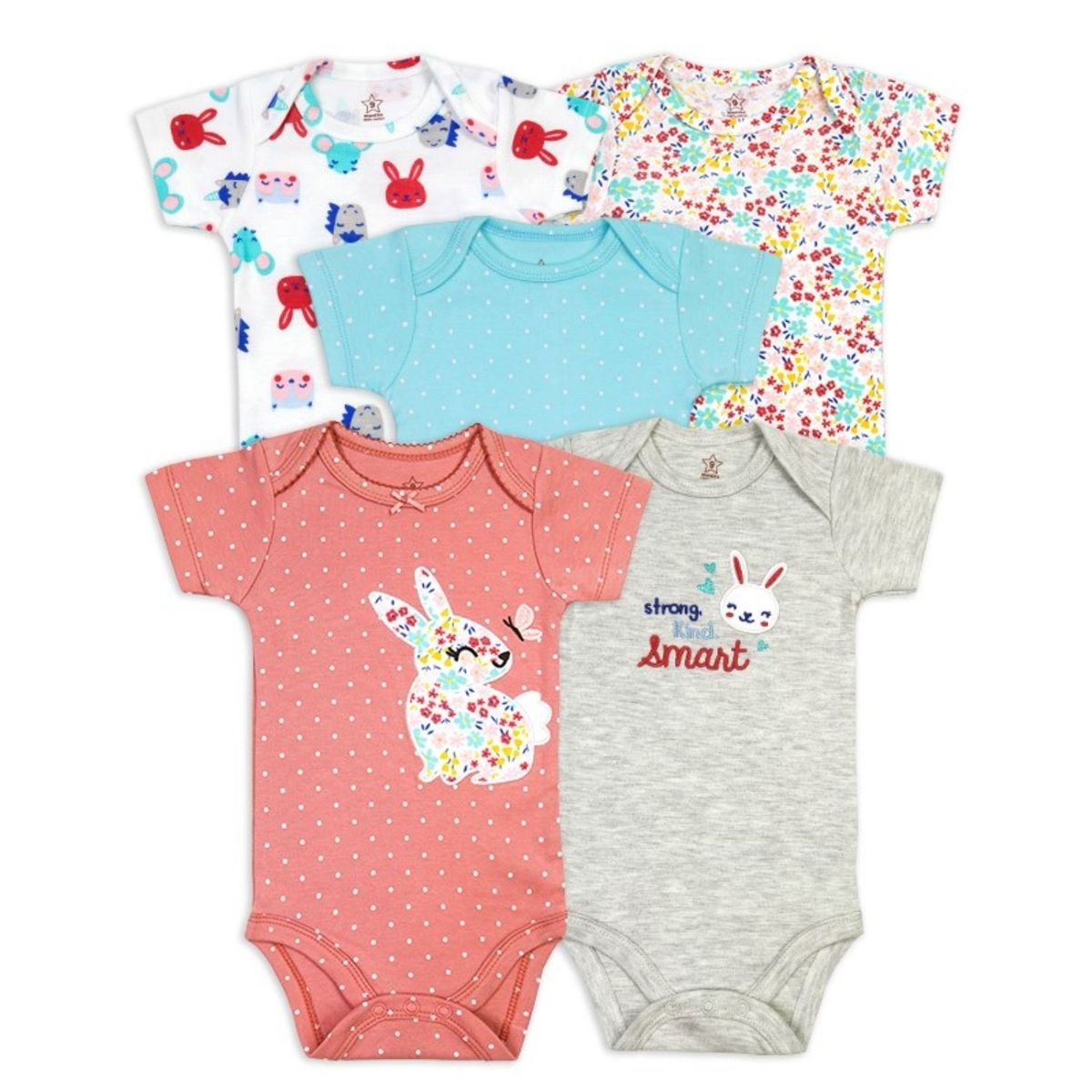 TEDMIMAK - Pack 5 Bodys Manga Corta Conejitos Felices 100% Algodón