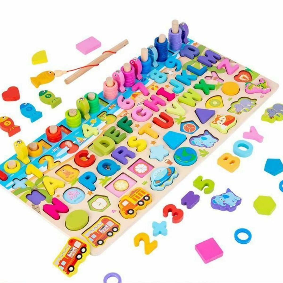 GENERICO - Juego madera 7 en 1 montessori pesca números formas W12D469