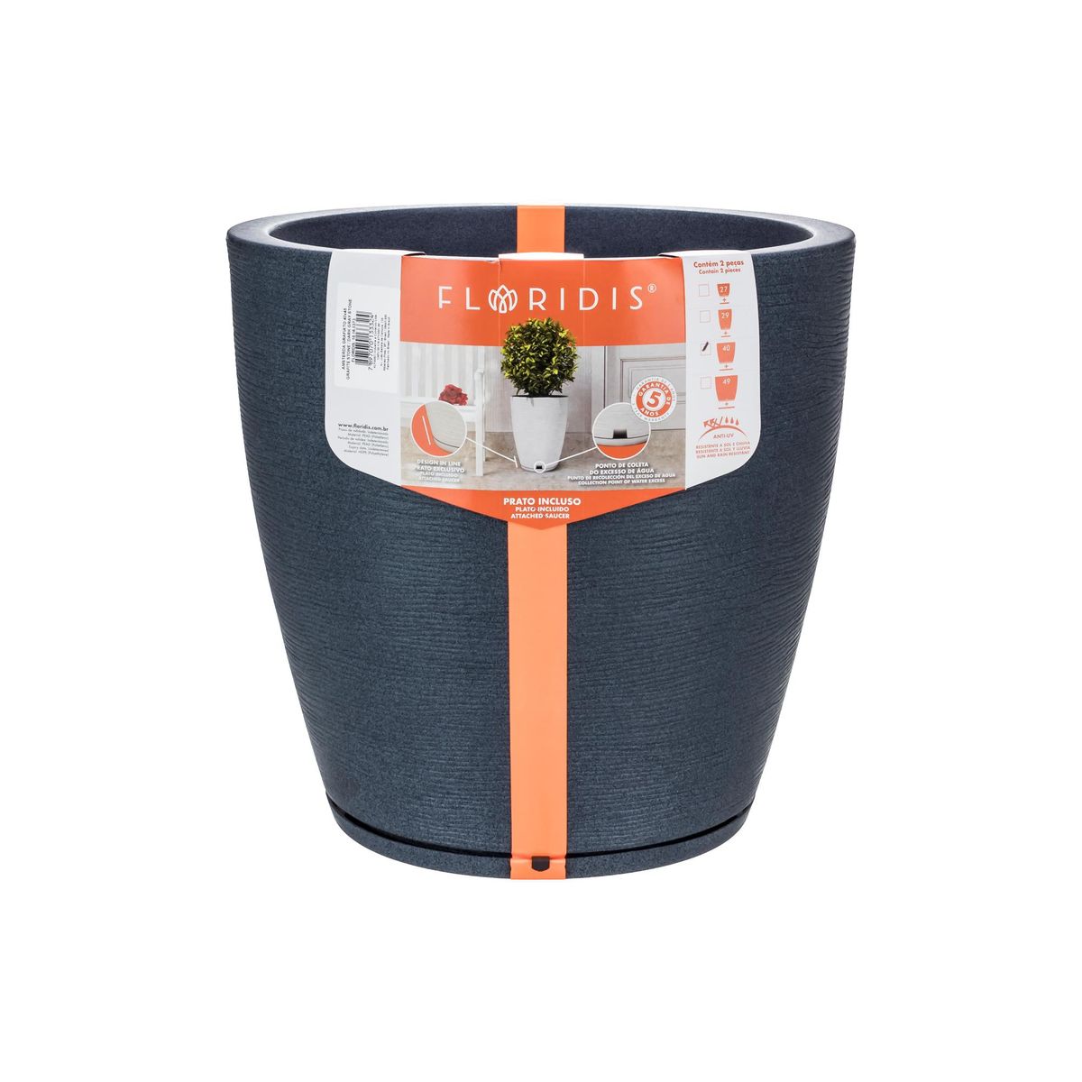 FLORIDIS - MACETERO FLORIDIS GRAFITO AMSTERDAM 45CM ALTO CON PLATO