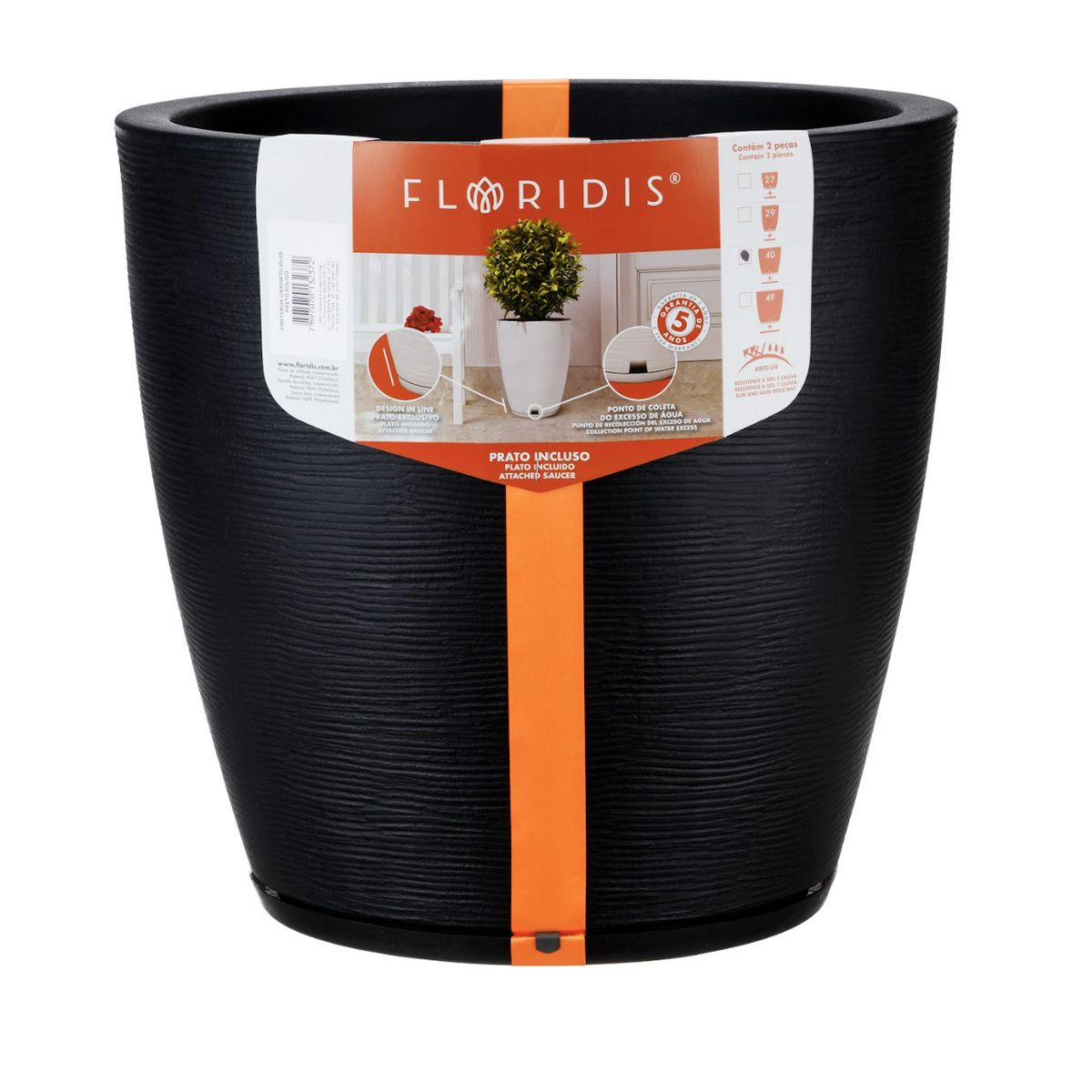 FLORIDIS - MACETERO FLORIDIS NEGRO AMSTERDAM 45CM ALTO CON PLATO
