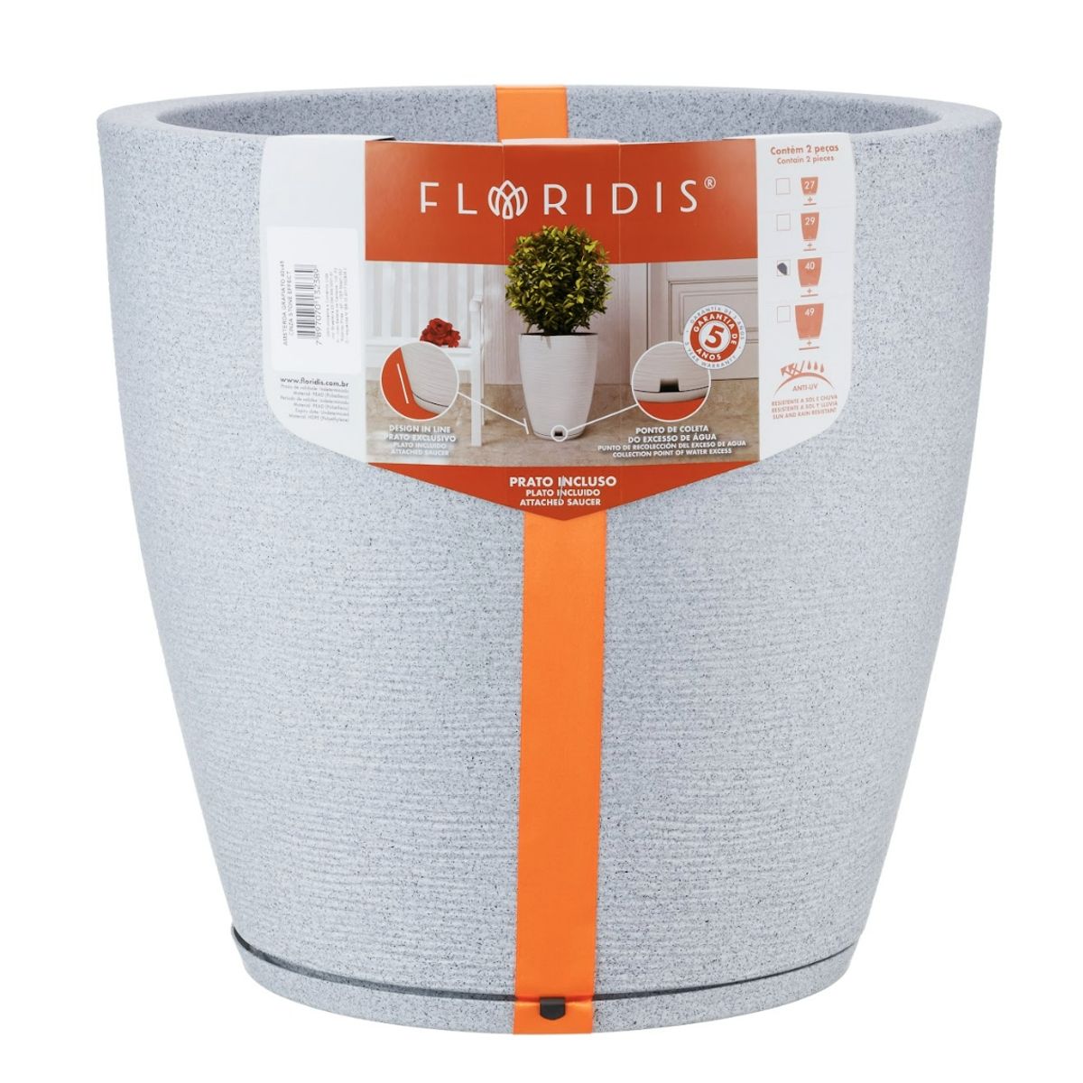 FLORIDIS - MACETERO FLORIDIS GRIS CLARO AMSTERDAM 45CM ALTO CON PLATO