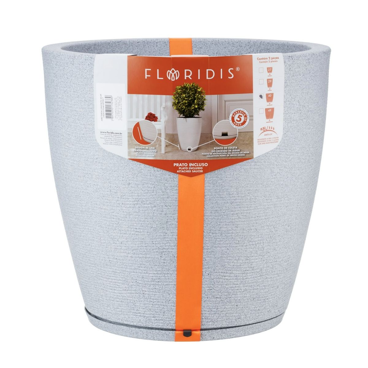 FLORIDIS - MACETERO FLORIDIS GRIS CLARO AMSTERDAM 45CM ALTO CON PLATO