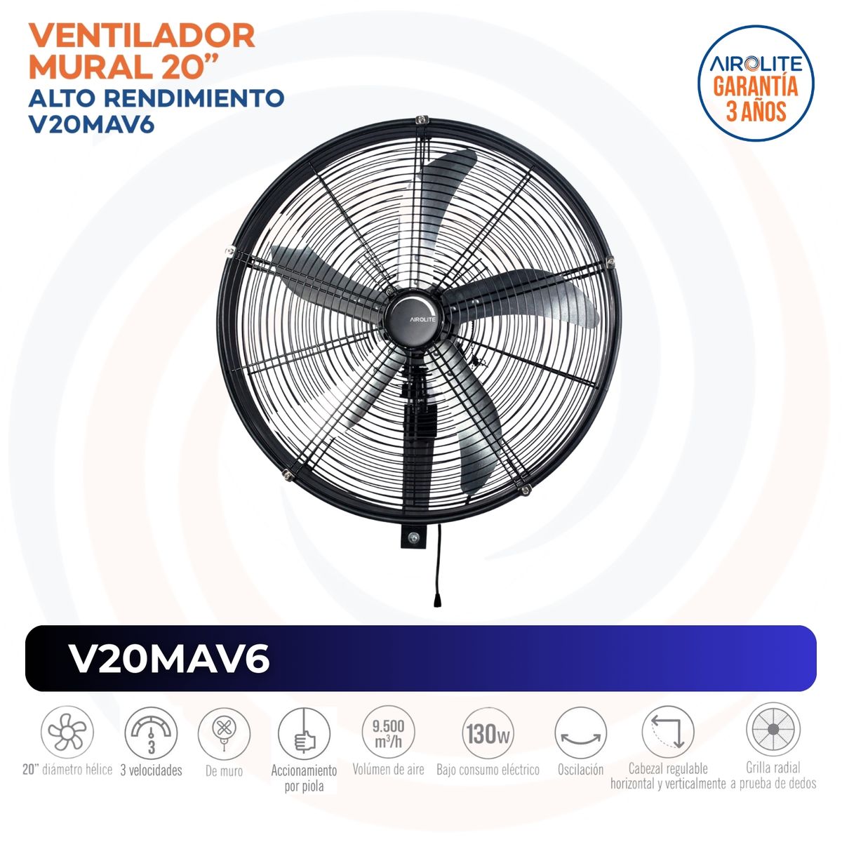 AIROLITE - Ventilador Mural Alto Rendimiento Piola 20 V20mav6 Airolite