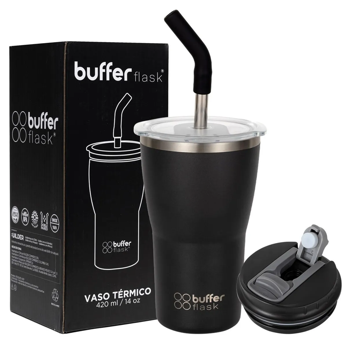 BUFFER FLASK - Termo Cafe Mug Buffer Vaso Termico 420ml Sellable - Negro