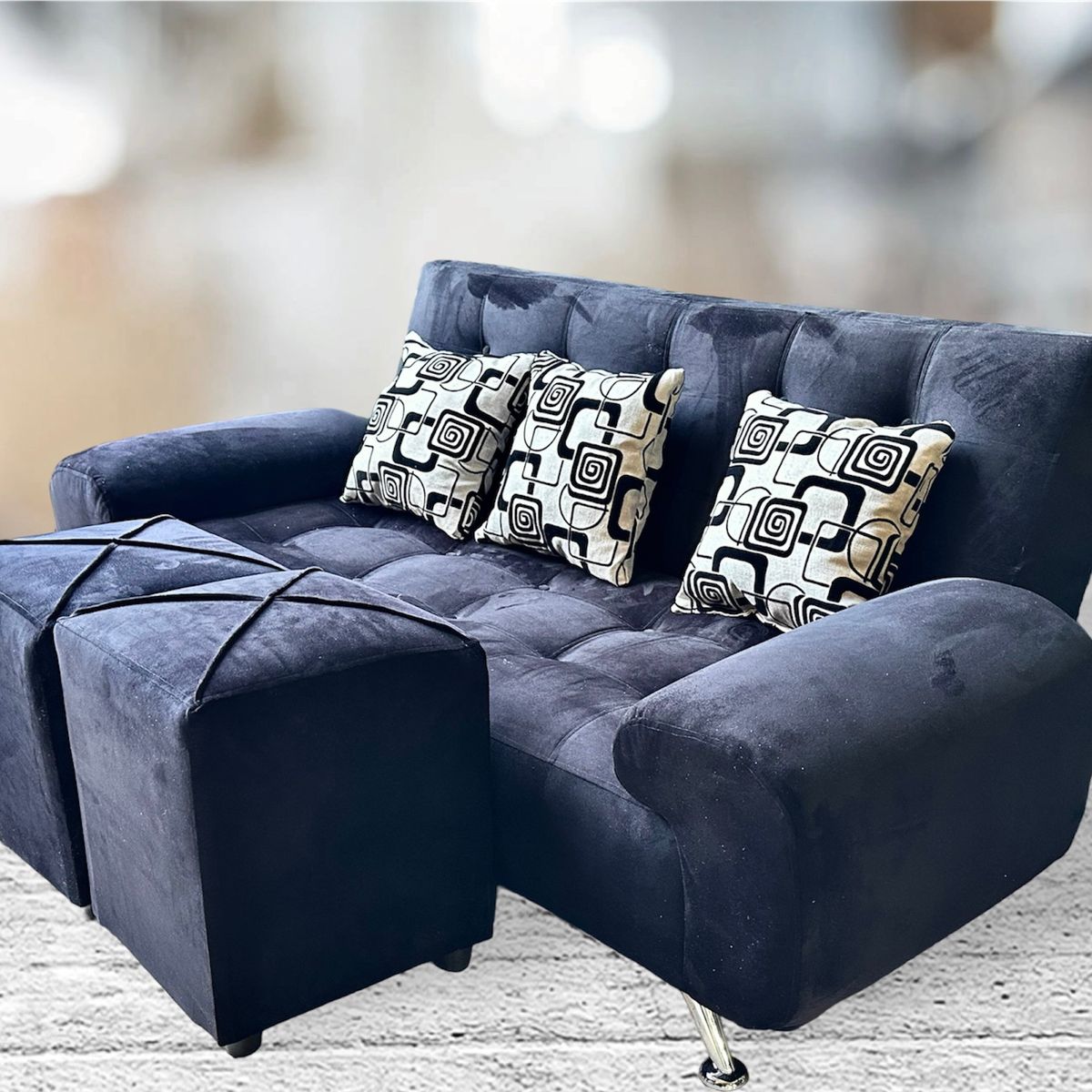 GENERICO - Juego de Sofá cama Negro Felpa  dos puf y cojines