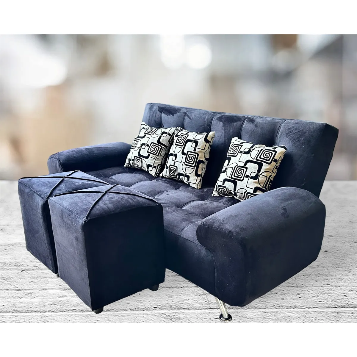 GENERICO - Juego de Sofá cama Negro Felpa  dos puf y cojines