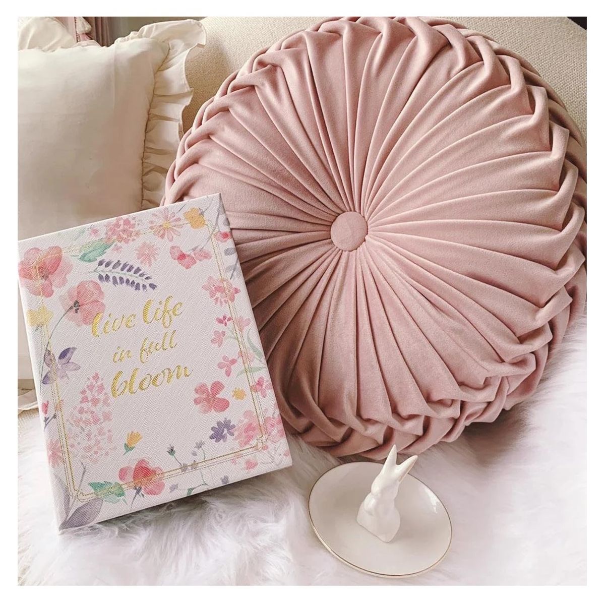 ALMA & DECO - Cojín Redondo Terciopelo Velvet Rosa Boho Chic 35 Cm.