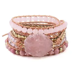 GENERICO - Pulsera Cuarzo Rosado Cuero Y Piedras Naturales