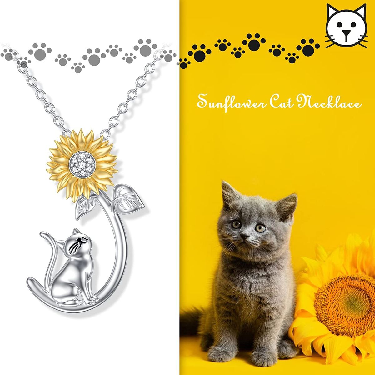 GENERICO - Collar mujer gato girasol mascota plata 925