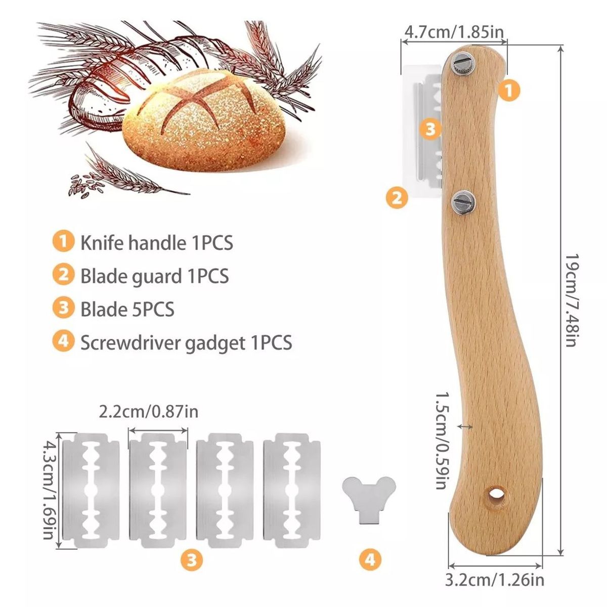 KUANGYE - Greñador Masa Madre Con 5 Hojas, Cortador De Pan Rallado