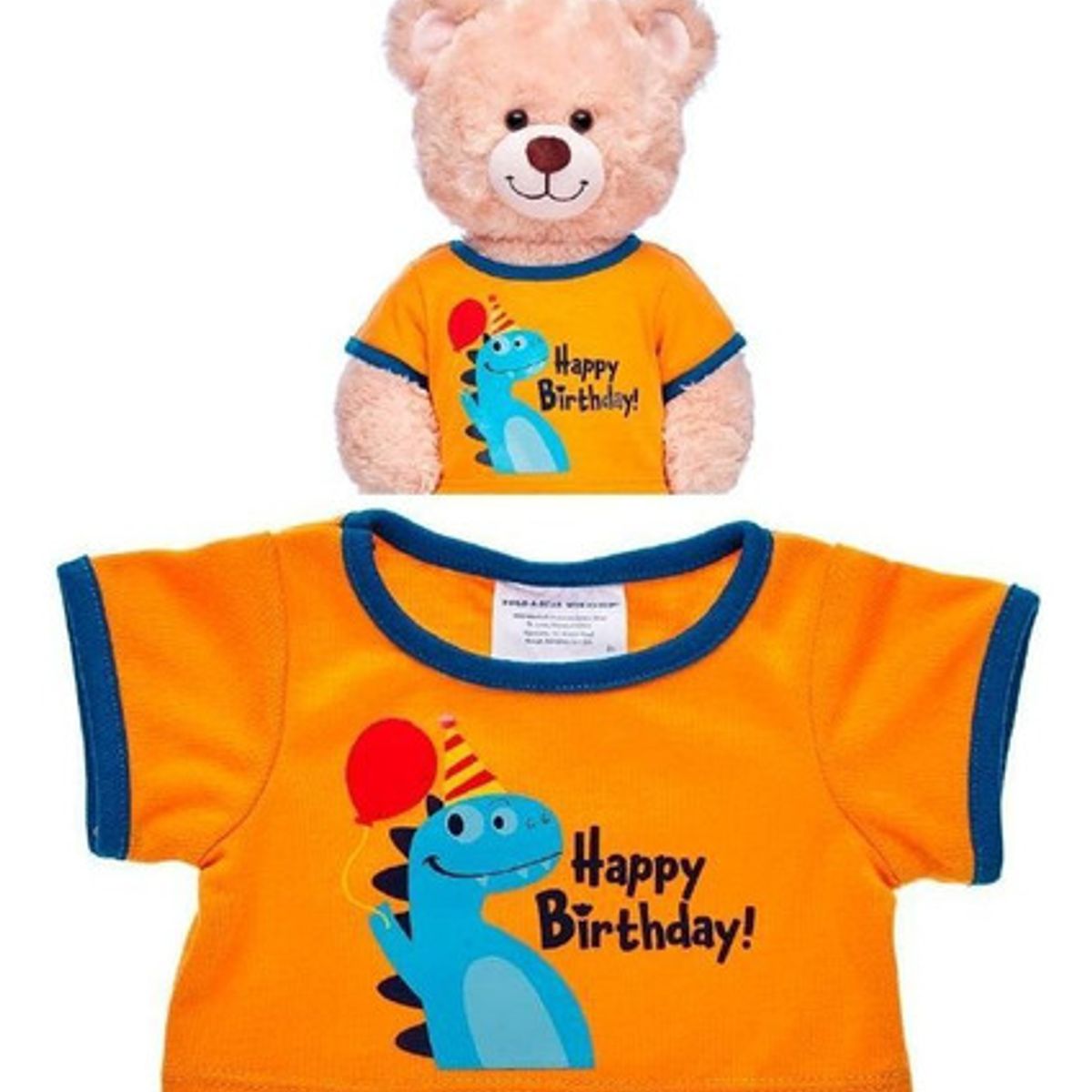 BUILD A BEAR - Polera Build a Bear cumpleaños dino naranja franjas azules