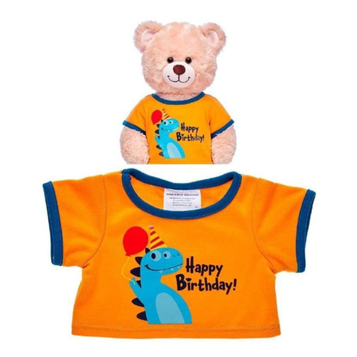 BUILD A BEAR - Polera Build a Bear cumpleaños dino naranja franjas azules