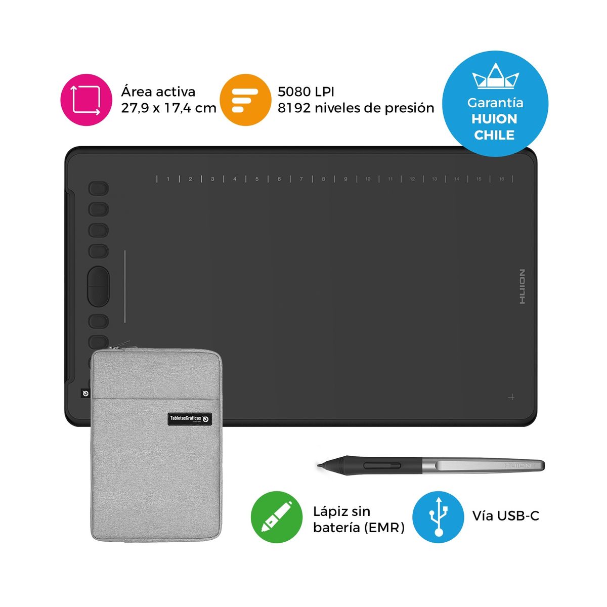 HUION - Tableta Gráfica Huion Inspiroy H1161 con Touch Strip y Funda