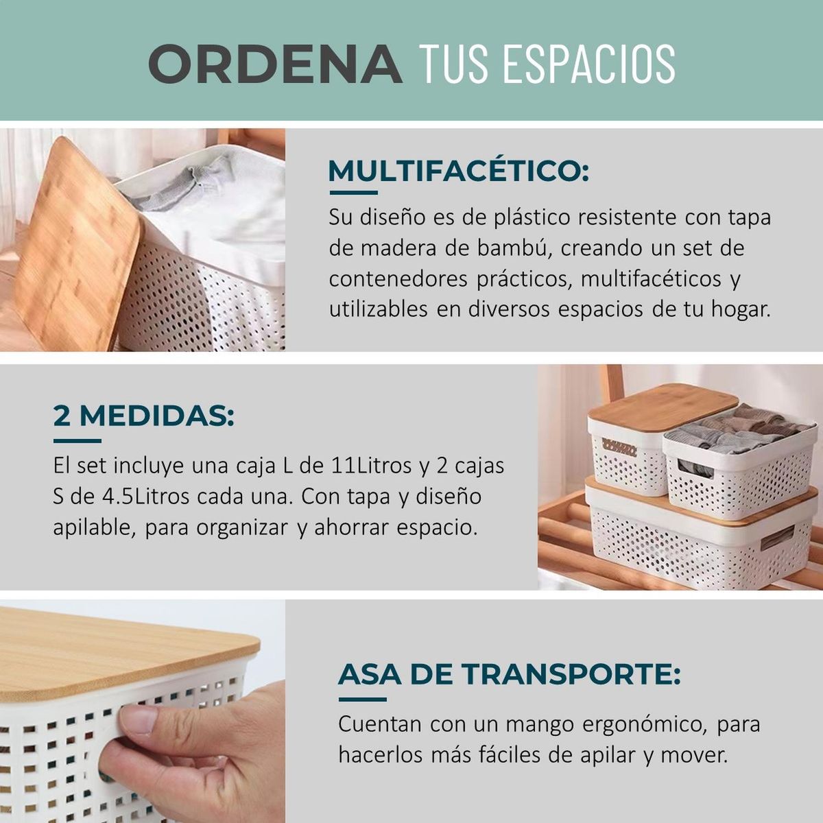 CASATUA - Cajas Organizadoras Plasticas Canastos Set CasaTua - Blanco - 1L 2S