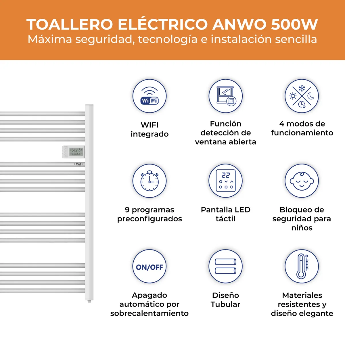 ANWO - Secador de Toallas Electrico Tubular de  500W Con Wifi Anwo