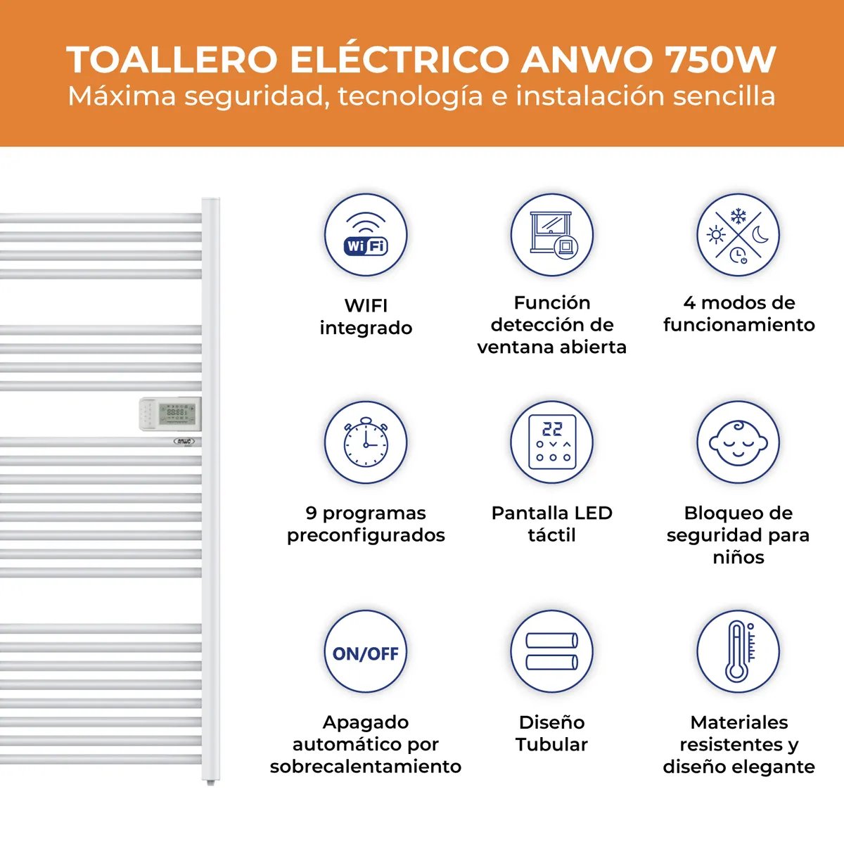 ANWO - Secador de Toallas Electrico Tubular Blanco de 750W Con Wifi Anwo