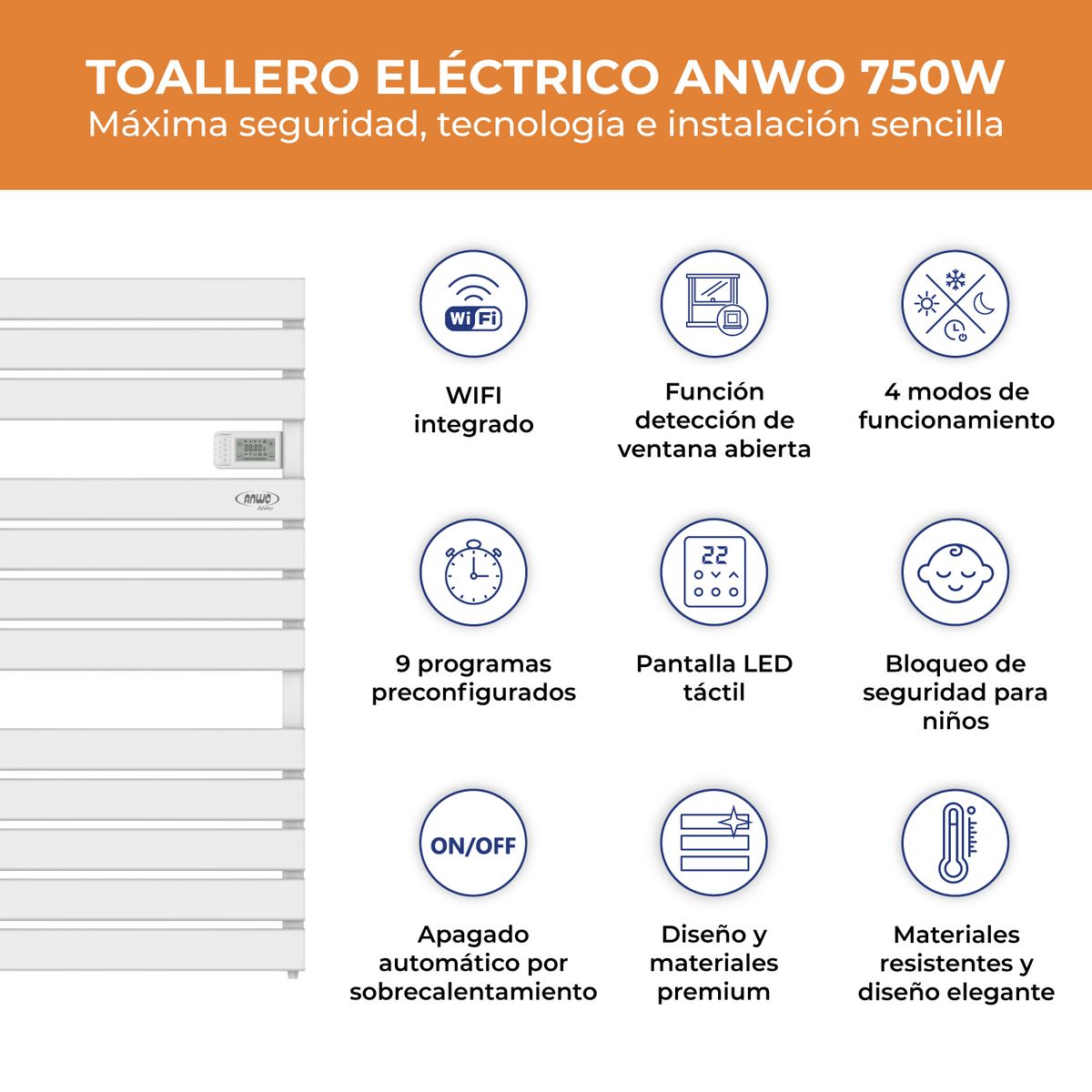 ANWO - Secador de Toallas Electrico Plano Blanco de 750W Con Wifi Anwo