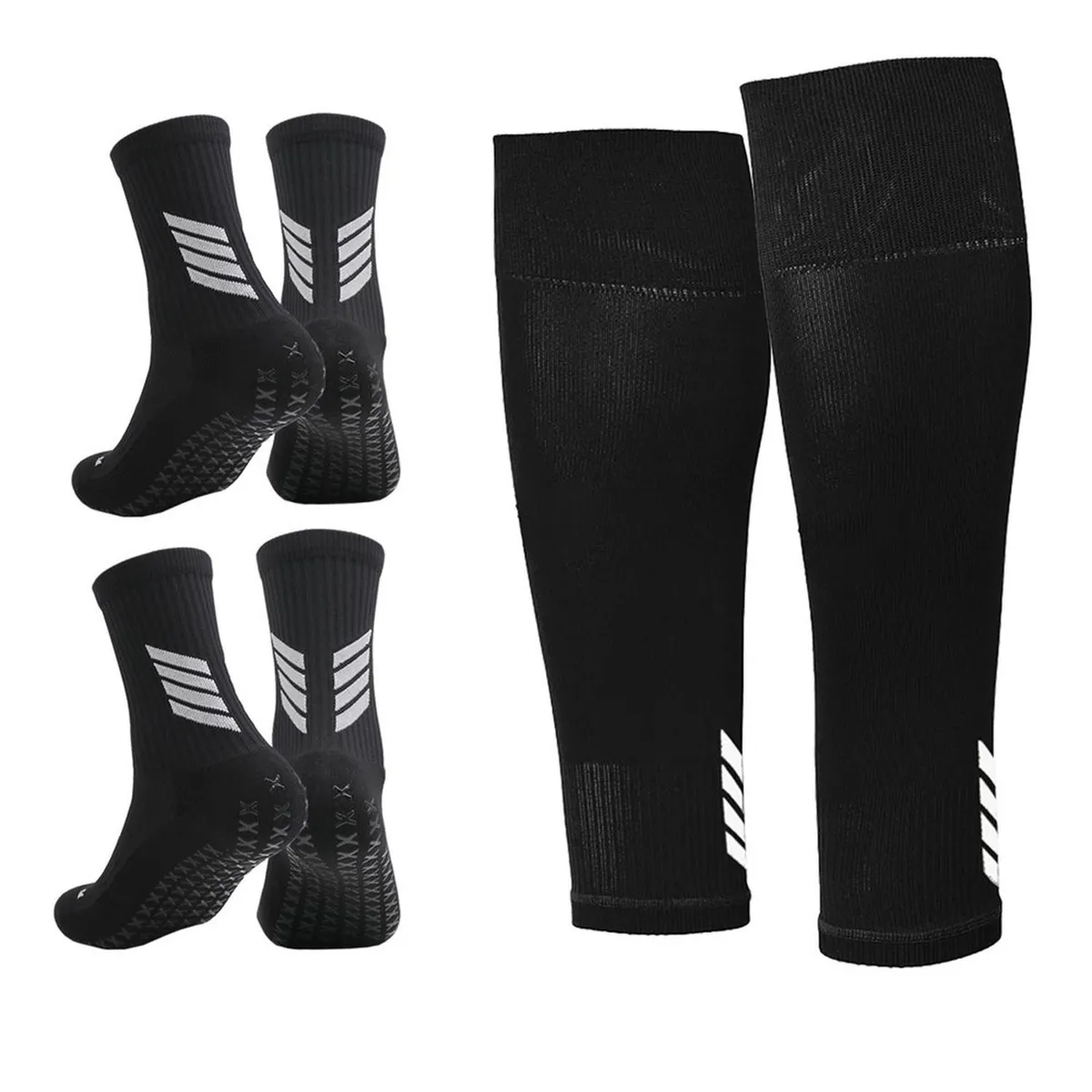 FITNICS - Medias Futbol Niños Antideslizantes Set 2 + Pantorrillera - Negro