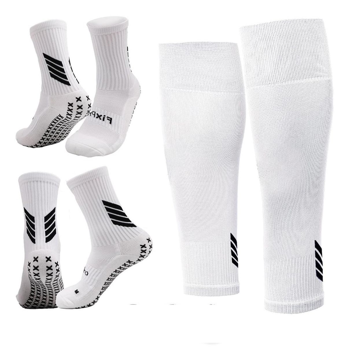 FITNICS - Medias Futbol Niños Antideslizantes Set 2 + Pantorrillera - Blanco