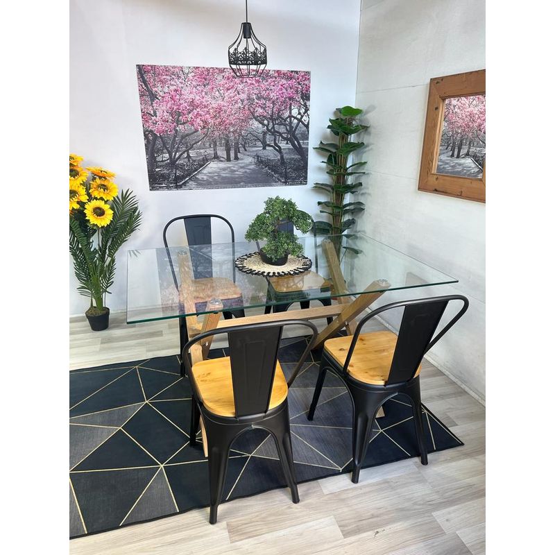 GENERICO - Comedor Luxemburgo+ (Mesa 140X90 VIDRIO + 4 Sillas Tolix Madera NEGRA)