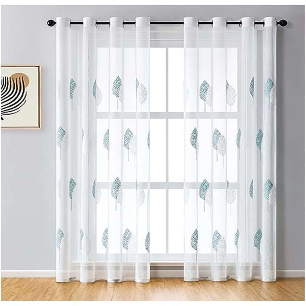 ALMA & DECO - Set X 2 Visillos Blancos Bordados Hojas Blancas Turquesa 140x230 Cm