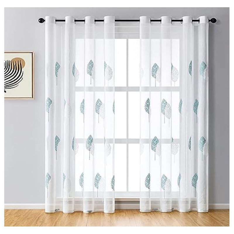 COMPRAPO - Set X 2 Visillos Blancos Bordados Hojas Blancas Turquesa 140x230 Cm
