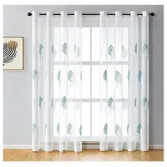 COMPRAPO - Set X 2 Visillos Blancos Bordados Hojas Blancas Turquesa 140x230 Cm