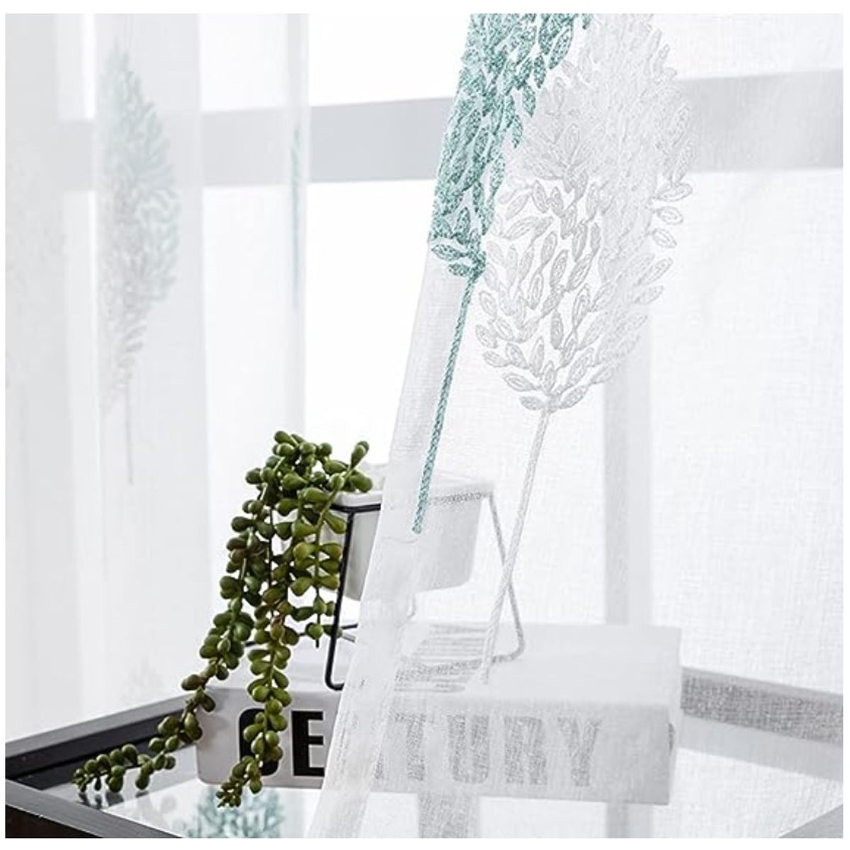 ALMA & DECO - Set X 2 Visillos Blancos Bordados Hojas Blancas Turquesa 140x230 Cm