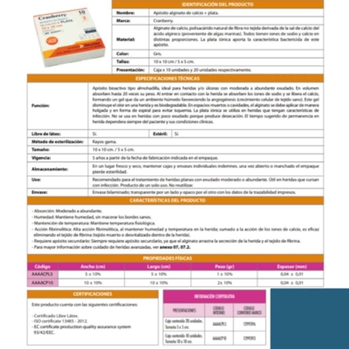 CRANBERRY - Apósito Alginato Calcio Y Plata 10x10 Cranberry 10 Unidades