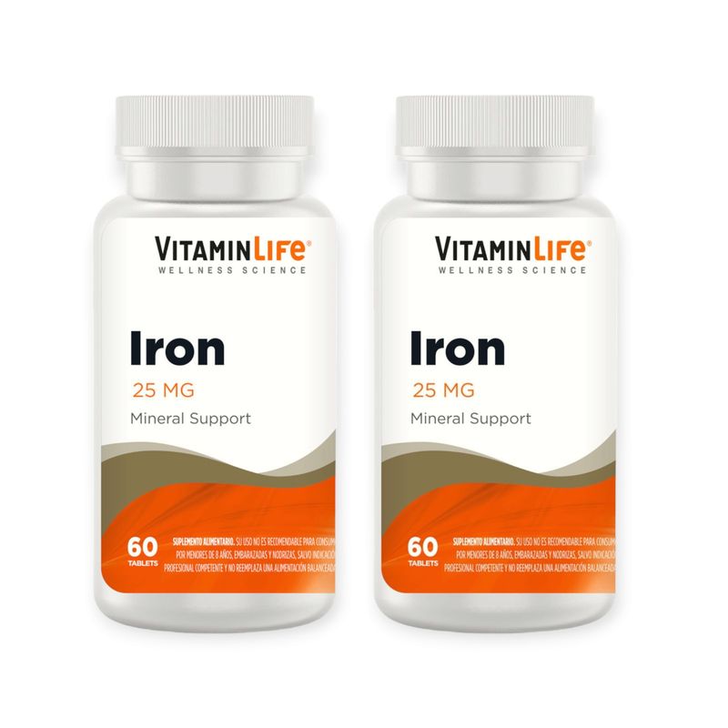 VITAMIN LIFE - PACK 2 IRON 25MG SOPORTE DE MINERALES HIERRO 120TAB VITAMIN LIFE