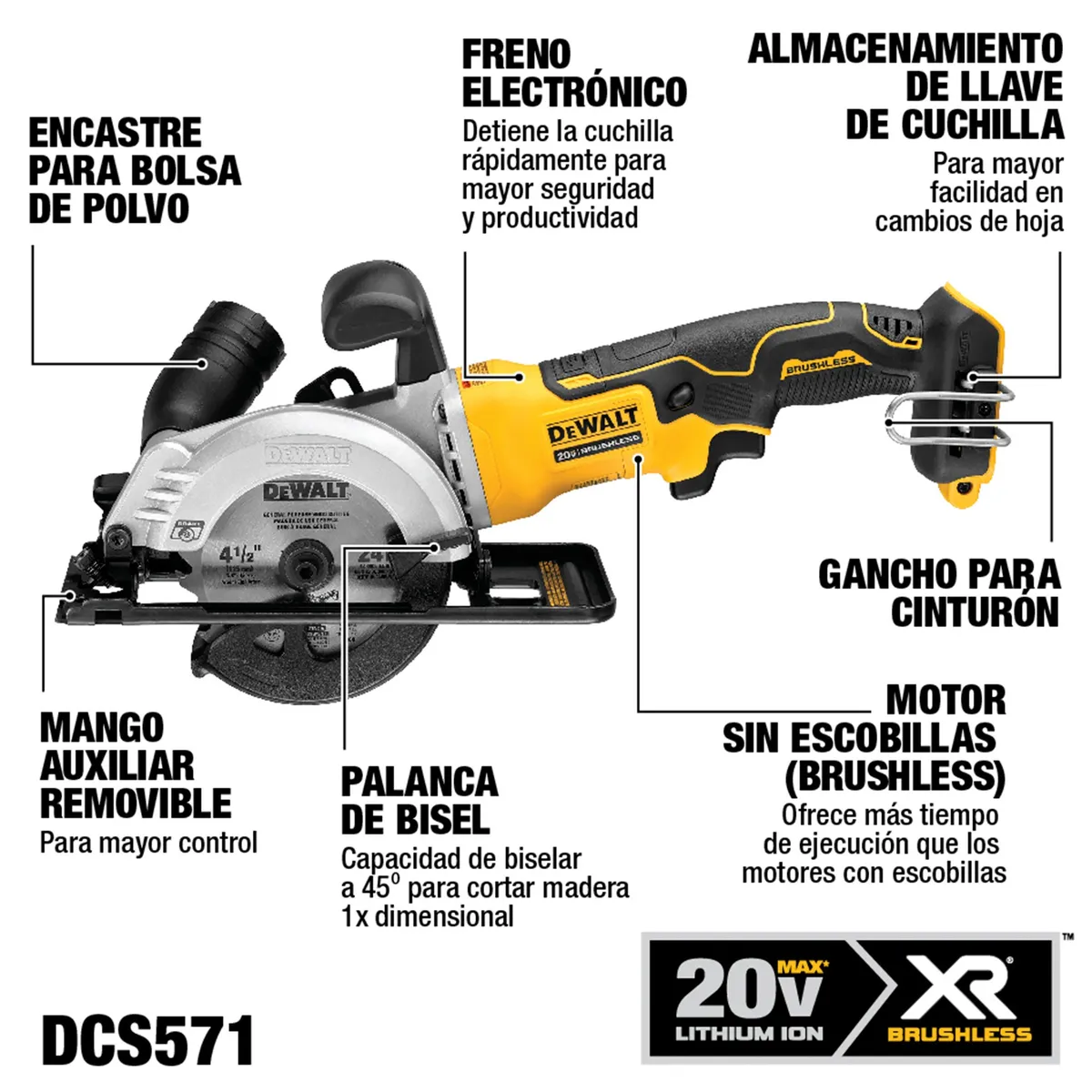 DEWALT - Sierra Circular 4-1/2" 20V Sin batería Brushless DEWALT DCS571B