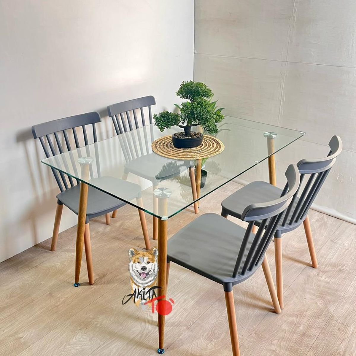 GENERICO - Comedor Madrid (Mesa 120X80 VIDRIO + 4 Sillas Windsor GRIS)