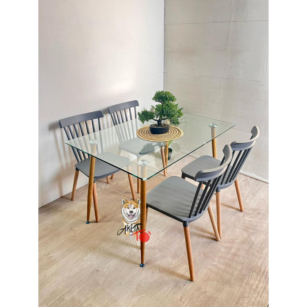 GENERICO - Comedor Madrid (Mesa 120X80 VIDRIO + 4 Sillas Windsor GRIS)