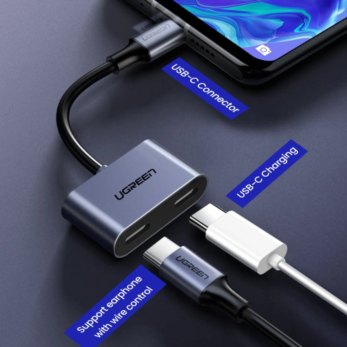 UGREEN - Splitter Usb-C / 2 Usb-C Audio+Carga 3a Max 10cm Grisugreen Cm232