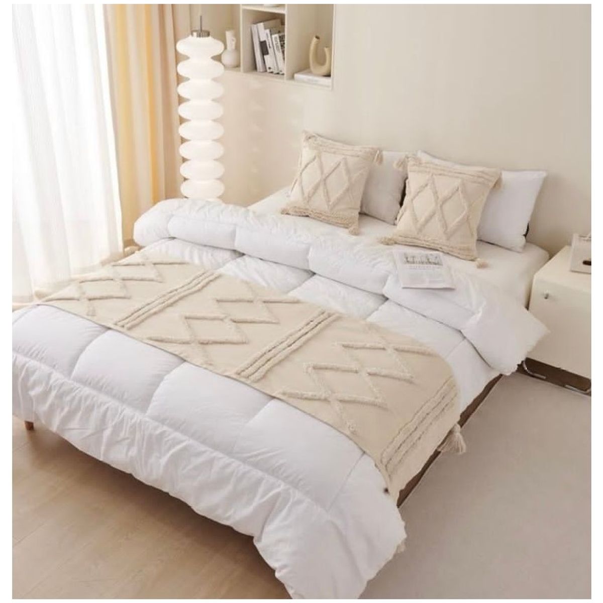 COMPRAPO - Set Piecera + 2 Fundas Crudo Boho Lino Borlas 210x70 King o 2 Pzas.