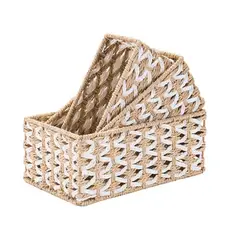 COMPRAPO - Set 3 Canastos Cestos Rectang. Fibras Naturales Color Natural y Bco.