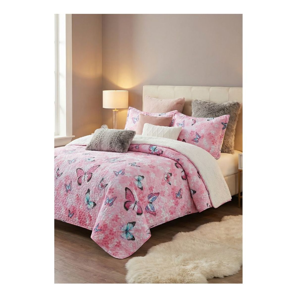 GENERICO - Cubrecama Sherpa 2 Plazas - Rosado Mariposas M937