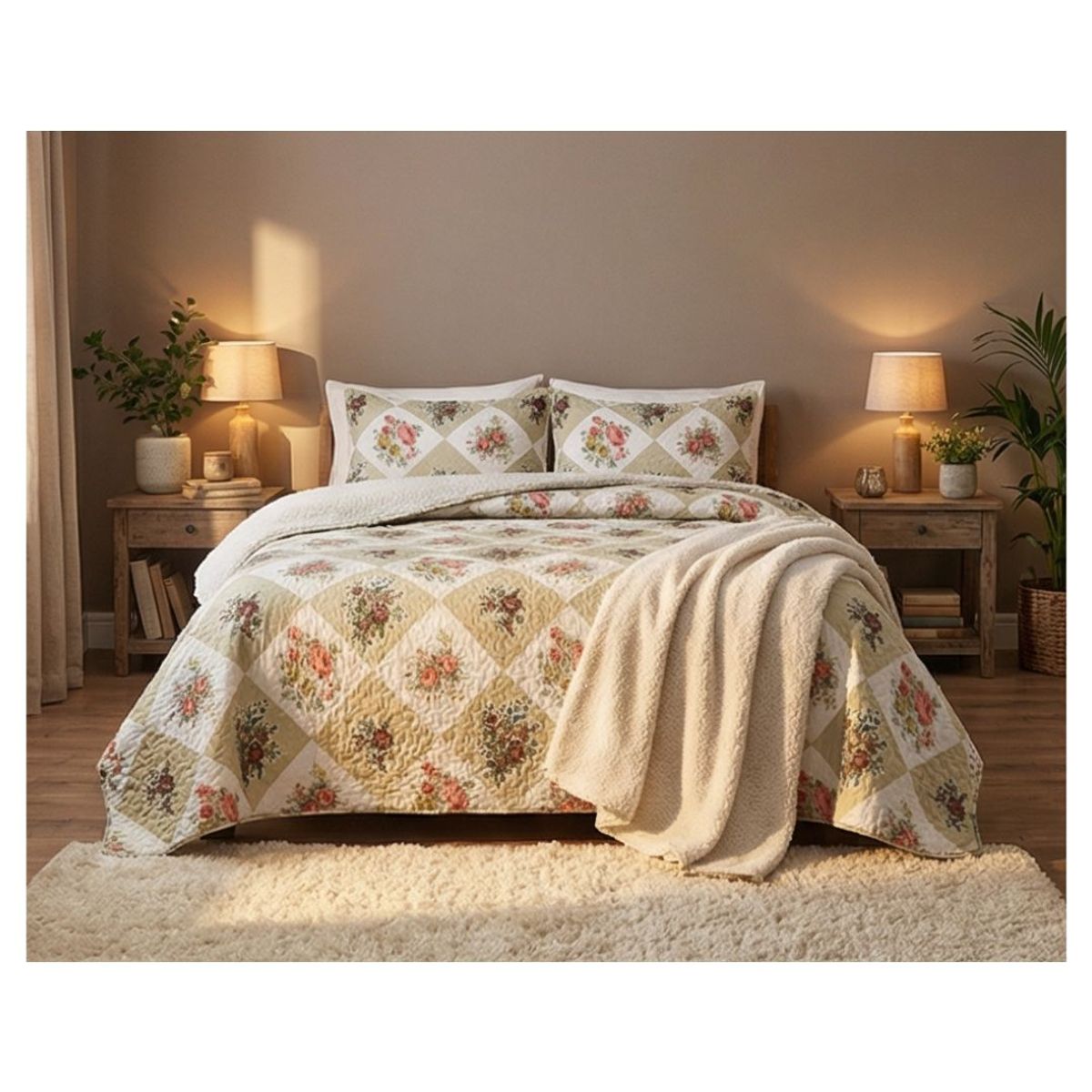 GENERICO - Cubrecama Sherpa 2 Plazas - Cuadrille Rosas M938