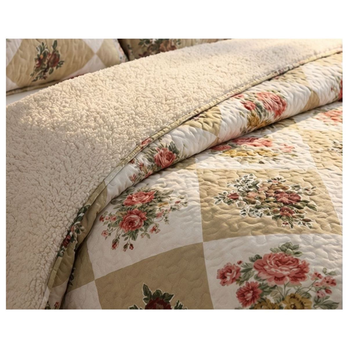 GENERICO - Cubrecama Sherpa 2 Plazas - Cuadrille Rosas M938