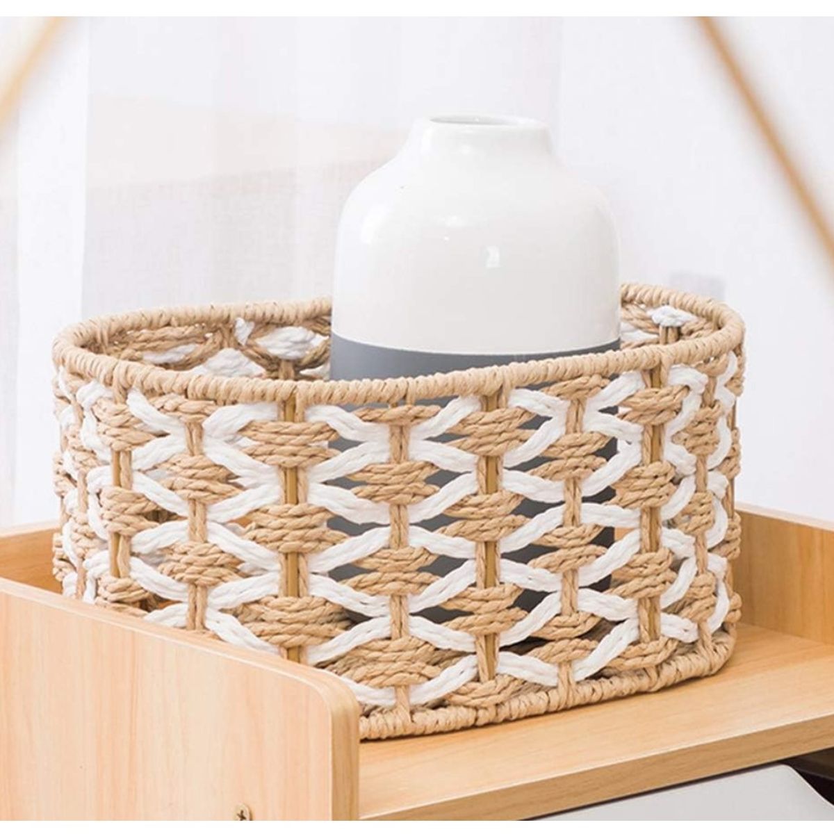 COMPRAPO - Set 3 Canastos Cestos Ovalado Fibras Naturales Color Natural y Bco.