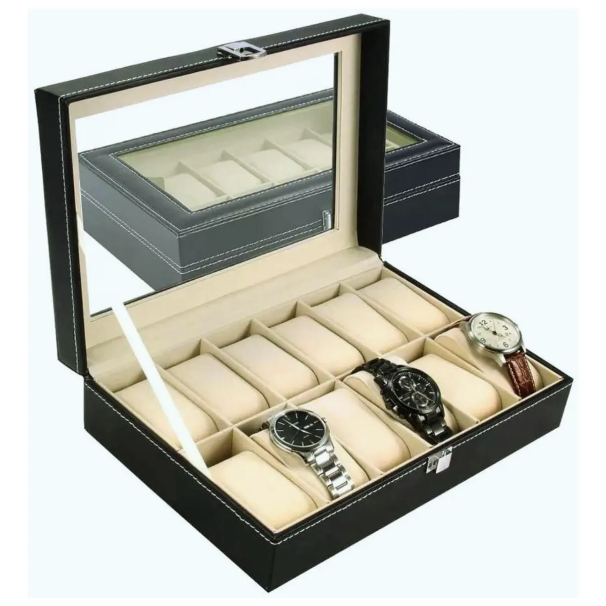 GENERICO - Organizador Para 12 Relojes Joyas Ecocuero Y Vidrio