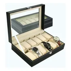 GENERICO - Organizador Para 12 Relojes Joyas Ecocuero Y Vidrio