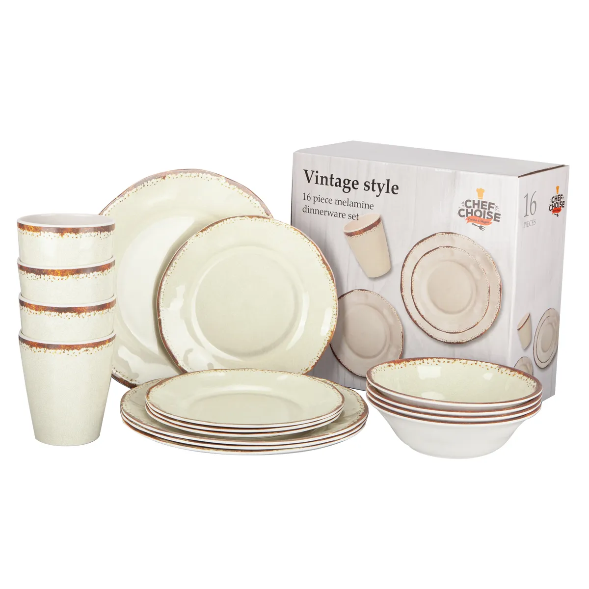 CHEFCHOICE - Set 16 Piezas Juego De Vajilla Completo Loza Melamina Blanca Crema